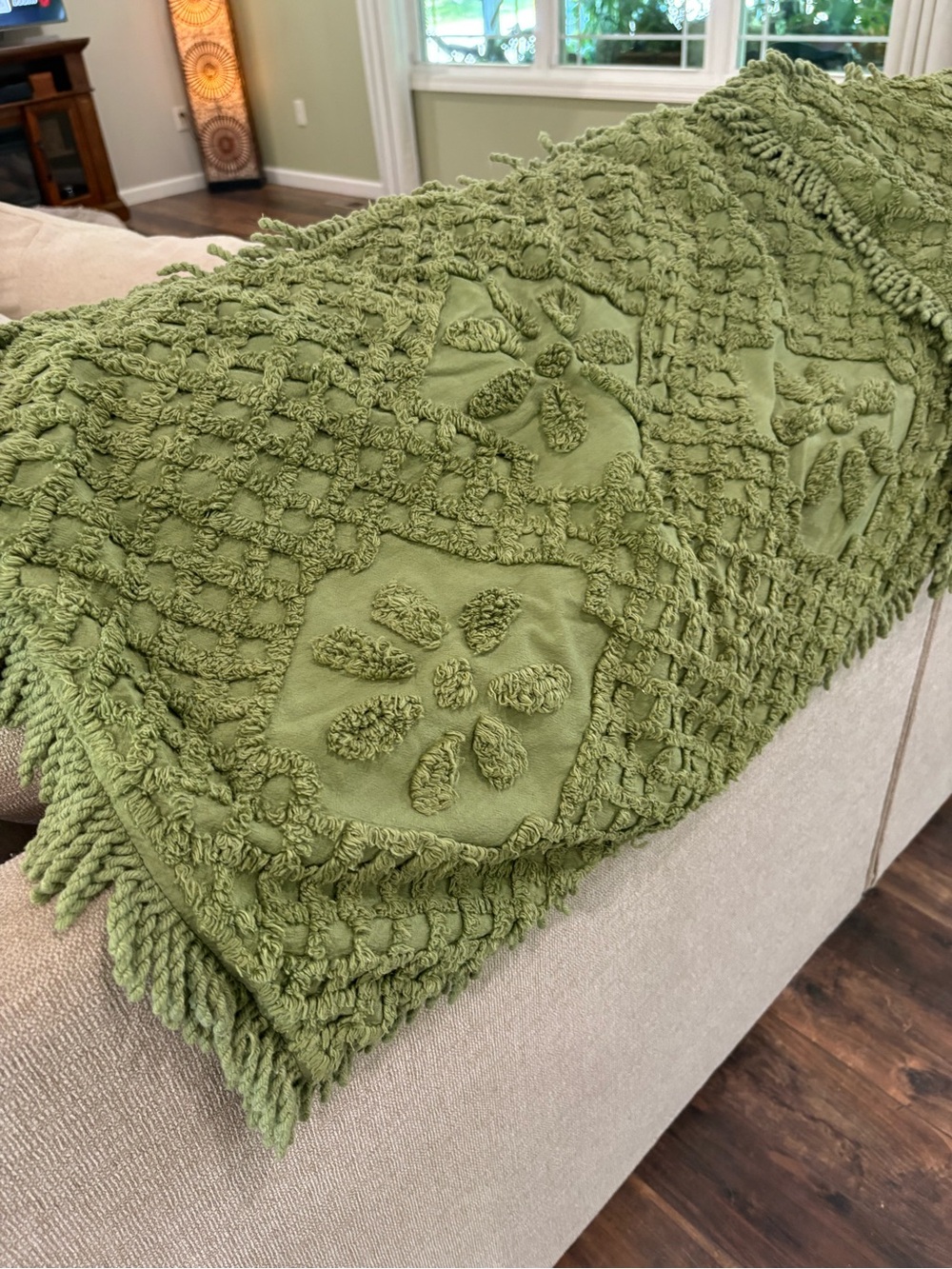 2 vintage Green Tufted Chenille pillow cases with Fringe